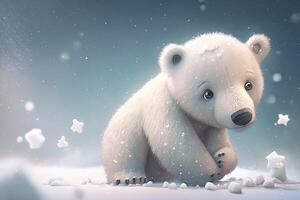 cute polar bear baby cartoon dreamlike in snow, winter, . Animal and landscape concept. photo