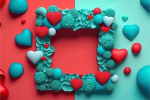 Valentine frame and banner. Red, blue, cyan, pink decoration. flat lay, romantic. Love and valentine day concept. photo