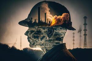 Conceptual graphic design of an energy sector and future manufacturing. With double exposure artwork, an oil, gas, and petrochemical refinery facility demonstrates the future of power. photo