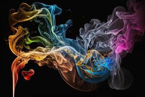 a colorful smoke cloud is shown in this image, it looks like it is floating in the air and is very dark and blue and yellow, with a black background. photo