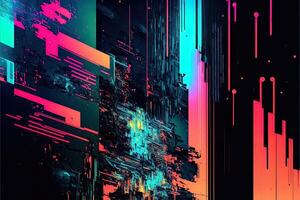 Abstract background with interlaced digital glitch and distortion effect. Futuristic cyberpunk design. Retro futurism, web punk, rave 80s 90s cyberpunk aesthetic techno neon colors. photo