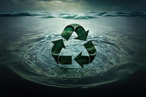 Recycle symbol in the ocean. Green energy concept, no more trash and plastic in sea. Save the ocean from garbage. Protecting the oceans and seas. Eco power photo