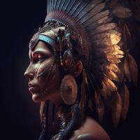 native american woman in ceremonial head dress, reflection of the silhouette of tribal ancestors in her eyes. Close up of colorful dressed native woman isolated on black background. photo