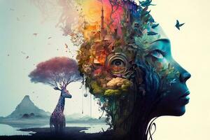 the mind lost deep in thought, thoughts of time and numbers, thoughts of a fantasy land with colorful plants and animals, surreal painting Generation AI photo