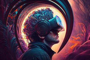 illustration of an enthusiastic young man wearing virtual reality goggles is inside the metaverse. Metaverse concept and virtual world elements. Games and entertainment of the digital photo