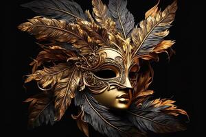 Venetian carnival mask. Gold color, colored feathers. Happy carnival festival, attributes of the Brazilian carnival. Venetian carnival mask and beads decoration. Mardi gras background. photo