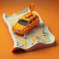 Online mobile application taxi ordering service , Orange taxi car driving along the route to the marker on a smart phone, on a city map. Car and satellite navigation systems concept. photo