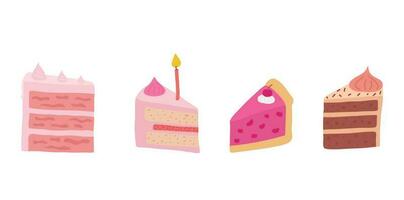 Set of pieces of cake with cream and candles for a party, party, or birthday. Poster, card, stickers. vector