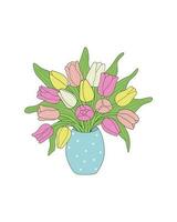 un ramo de flores de vistoso tulipanes en un azul florero con polca puntos en un blanco antecedentes. tulipanes amarillo, rosa, blanco. dibujado a mano. tarjeta postal, ilustración, imprimir, pegatina. vector ilustración.
