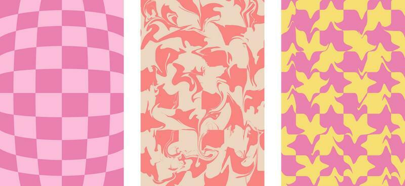 Set of Backgrounds Retro Groovy Abstract Psychedelic Check Y2K 90s. Phone case, Background, print, banner, repeating pattern, vector.