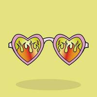 A yellow background with a pair of glasses with a flame design with a heart vector