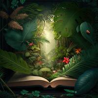 A tropical rainforest jungle with parrot, bird, monkey, wolf appearing opening a book. Jungle book for kid. fantastic jungle landscape. photo