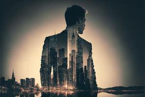 The double exposure image of the business man standing back overlay with cityscape image. The concept of modern life, business, city life and internet of things. photo