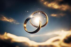 A pair of gold wedding rings floating in the sky. two wedding rings floating in the clouds with a sun in the background and a blue sky with clouds below them. . Wedding concept. photo