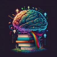 This whimsical image shows a brain with a library inside, its neurons and synapses lit up in a rainbow of joyful colors. A stack of books on a shelf indicates knowledge and learning, photo