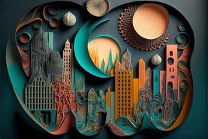 paper quilling style urban design. Multidimensional paper quilling craft illustration a small city. photo