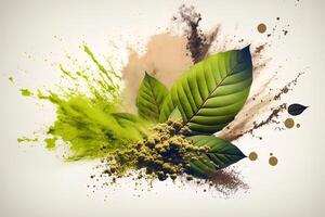 powder flavored explosion white background with kratom leafs mockup for matcha tea. photo