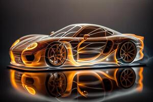 hyper car neon background . Streamline test over the modern car design, diffuse plastic optic, some glowing contours illuminate the car details, dark scene, cinematic lightning photo