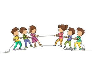 Continuous one line drawing group of children playing tug of war. Kids playing tug of war at park. Girls and boys pull rope, outdoor child games. Single line draw design vector graphic illustration