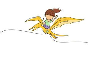 Continuous one line drawing girl riding flying dinosaur. Pterodactyl ride with young kid sitting on back of dinosaur and flying high in sky. Single line draw design vector graphic illustration