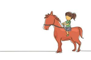 Single continuous line drawing happy cute girl riding cute horse. Child sitting on back horse with saddle in ranch park. Kids learning to ride horse. One line draw graphic design vector illustration