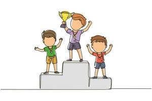 Single continuous line drawing cute boy standing on podium as sport competition winner. Championship celebration. Happy cute kid win game gold trophy. One line draw graphic design vector illustration