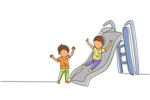 Continuous one line drawing smiling preschool boy sliding down slide and happy friend seeing him on side of slide. Kids playing together on playground. Single line design vector graphic illustration