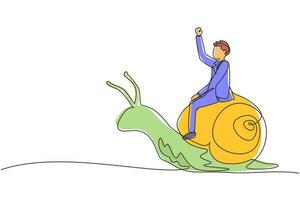 Single one line drawing businessman rides snail. Weak competitor. Ineffective manager, bad solution. Slow business progress, laziness. Modern continuous line draw design graphic vector illustration