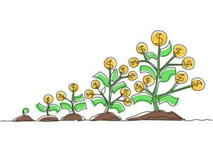 Single one line drawing sprouts, plants, money trees growing icon. Step of coins stacks, money, saving and investment or family planning. Modern continuous line draw design graphic vector illustration