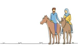 dibujo de una sola línea pareja árabe montando caballos de la mano al atardecer. hombre haciendo propuesta de matrimonio a mujer. compromiso y relación amorosa. ilustración de vector gráfico de diseño de dibujo de línea continua