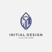 ML logo with leaf shape, clean and modern monogram initial logo design vector