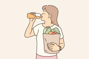 Girl drinks freshly squeezed juice and holds bag filled with vegetables from farmer market for making diet salads. Concept detox and proper nutrition for vegans and vegetarians using organic diet vector