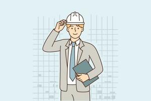 hombre en negocio traje y protector casco trabajando como gerente en construcción o arquitectónico empresa soportes y mira a cámara. exitoso empresario hace carrera en construcción industria vector