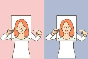 Woman demonstrates poster with positive and negative emotions to compare mood before and after using antidepressants. Girl calls attention to mental health and take care of improving mood vector