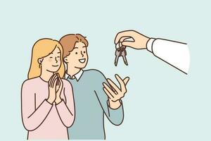 Couple takes keys from hand of realtor or real estate agent who rents out apartment in good area. Cheerful man and woman rejoicing in receiving housing keys at real estate mortgage broker deal vector