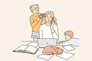 Mother works as freelancer at home and sits with children suffering from lack of workspace and inability to concentrate. Little kids near freelancer woman making phone call and using laptop for work vector