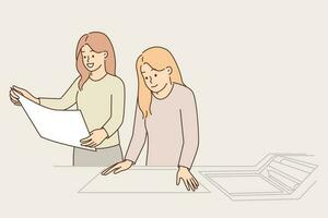 Women work in printing factory and scan image using copy equipment. Two business girls with smile stand near copy machine designed to reproduce advertising flyers or labels for products vector