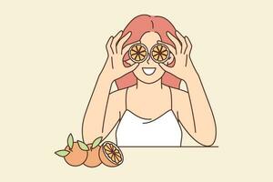 Woman holds slices of citrus fruit near eyes offering to use orange for rejuvenating facial mask. Girl uses fruits of citrus tree to prepare breakfast with detox effect and useful vitamins vector