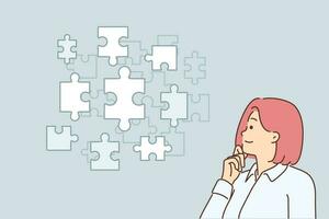 Thoughtful businesswoman looking at puzzle pieces choosing right tactics to solve business problems. Concept of manager of recruiting company engaged in building team and business processes vector