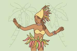 Polynesian woman performs exotic dance to entertain tourists visiting tropical island during summer vacation. Girl representative of polynesian indigenous peoples dances on beach with palm trees vector