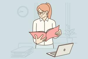 Business woman with folder of documents stands in office near table with laptop checking reports prepared by company employees. Business lady is at workplace doing work of accountant or auditor vector