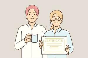 Business woman demonstrates certificate standing near boss who thanked employee for conscientious work. Man with mug stands near colleague showing certificate of business education or training vector