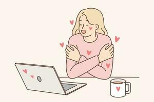 Woman exchanging romantic messages in laptops hugs herself rejoicing at received congratulations on valentine day. Girl who read romantic compliments in online correspondence smiles vector