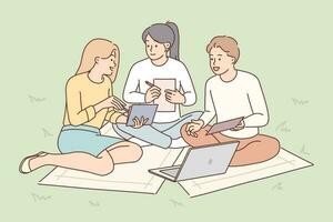 Students are sitting on lawn with laptop preparing joint extracurricular activity assigned by college or university teacher. Guy and girls are working in park making collaboration for brainstorming vector