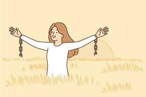 Woman feels freedom and happiness standing in field among tall grass and waving arms with fragments of chains. Girl freed from chains enjoys walking in ecologically clean place not spoiled by people vector