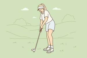 Woman is playing golf on green lawn preparing to hit with club to put ball into hole. Girl participates in professional golf tournament and wants to win or become champion in competition. vector
