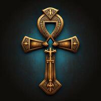 Ancient golden ankh symbol isolated on dark background. Illustration of an Egyptian cross in digital form. The ancient Egyptians used the Ankh as a symbol for eternal life. photo