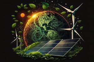 Renewable energy background with green energy as wind turbines and solar panels. green energy concept energy sources sustainable Ecology Elements photo