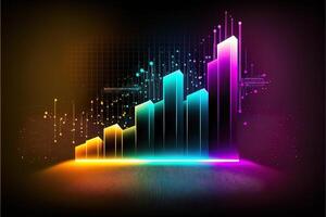 Business economic charts with light effects, neon. Abstract neon background, growth and fall analytics. Stock market trading investment candlestick graph. Finance and economy concept. photo