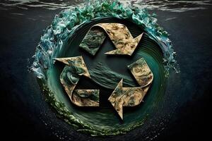 Recycle symbol in the ocean. Green energy concept, no more trash and plastic in sea. Save the ocean from garbage. Protecting the oceans and seas. Eco power photo